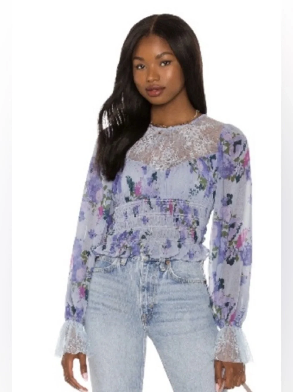 Free People Daphne Blouse in Silver Blue Combo Floral Lace Small NWT